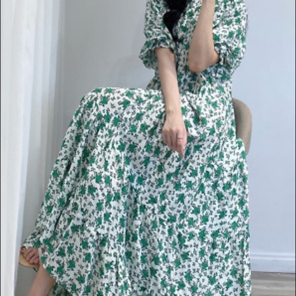 Zara oyster white green floral print dress small